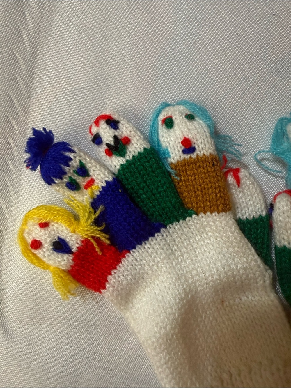 Handmade White Knit Finger Puppet Glove with Colorful Faces